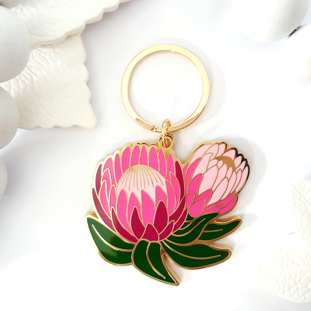 Pink Protea Enamel Keyring